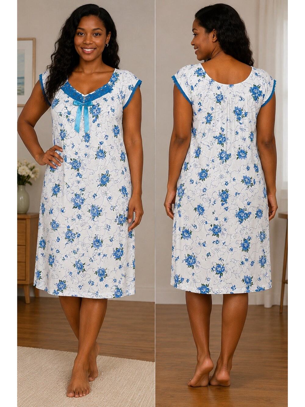 Blue Floral Nightgown Lace Trim Sleep Dress Loungewear Size Large NWT